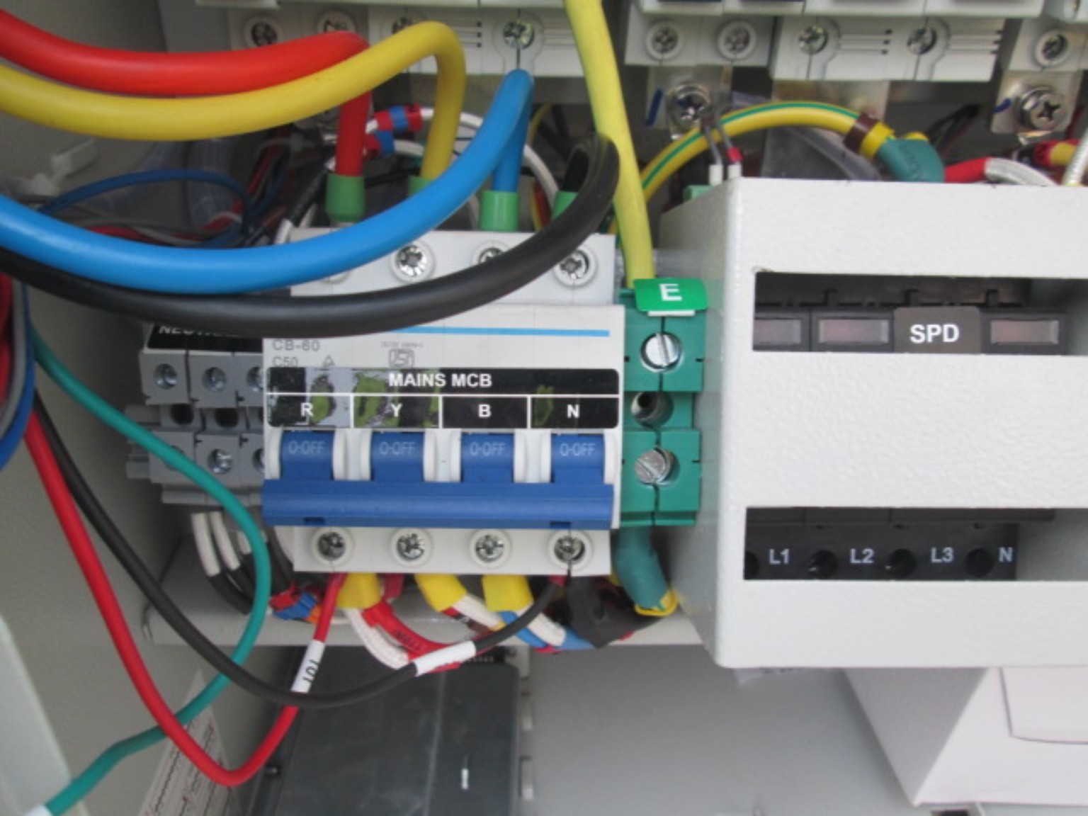 Mains circuit breaker and surge protection wiring