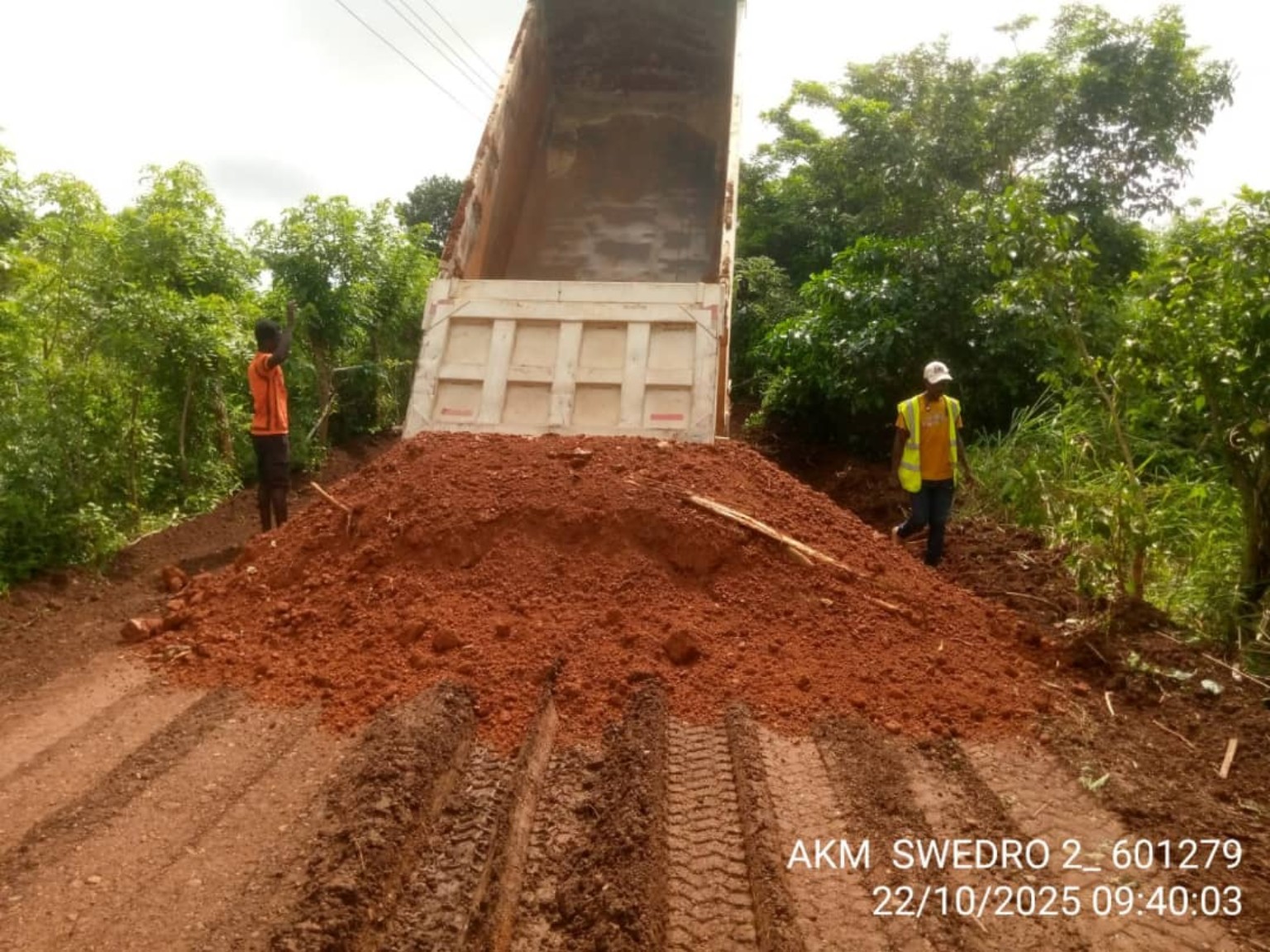 Tipper truck placing earth material for access road formation