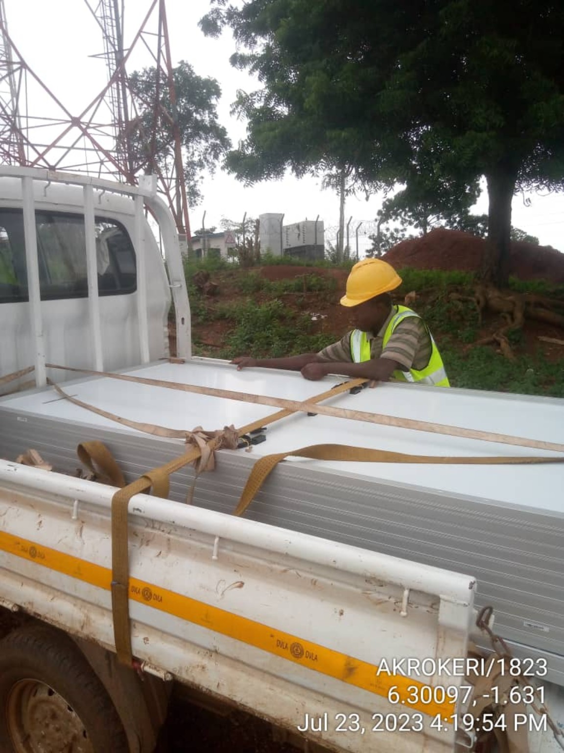 Solar panels secured for transportation to a project site